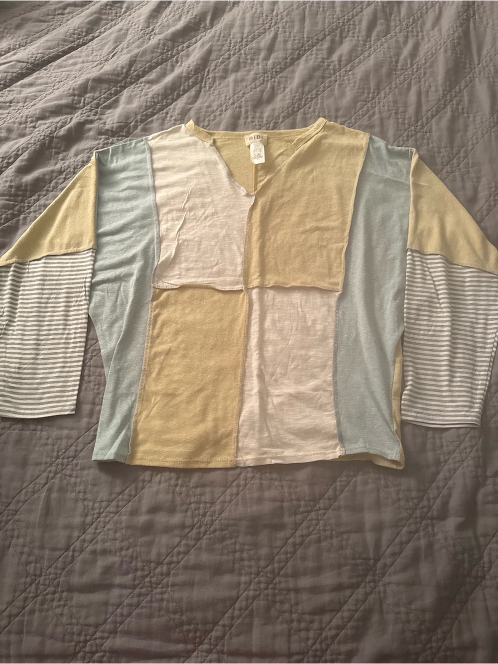 POL Colorblock and Striped Long Sleeve Top in Yellow, Cream & Teal Small Boho
